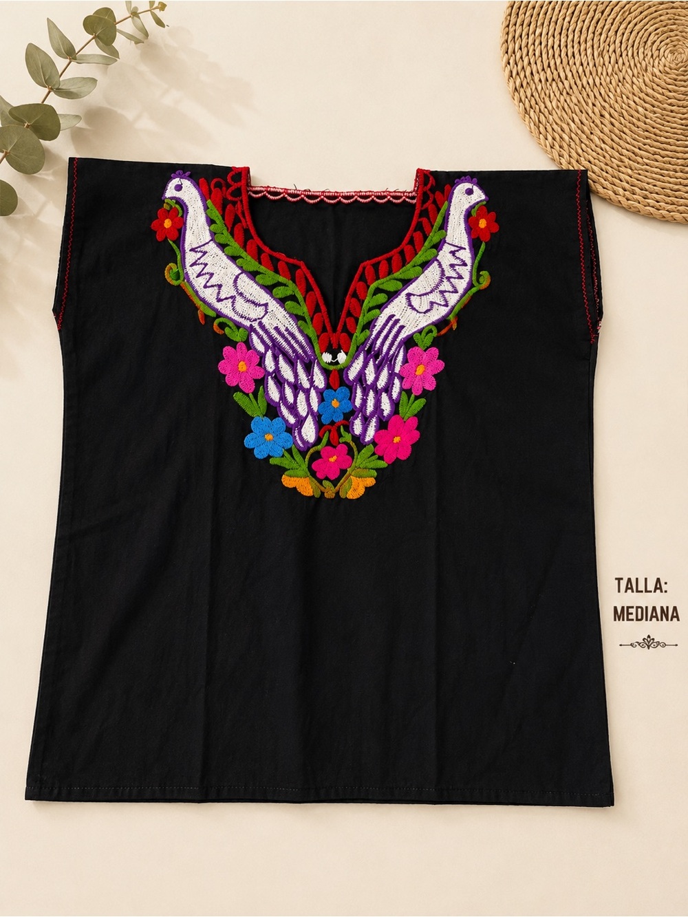 MEXICANA Black Tunic with Colorful Embroidered Birds and Flowers